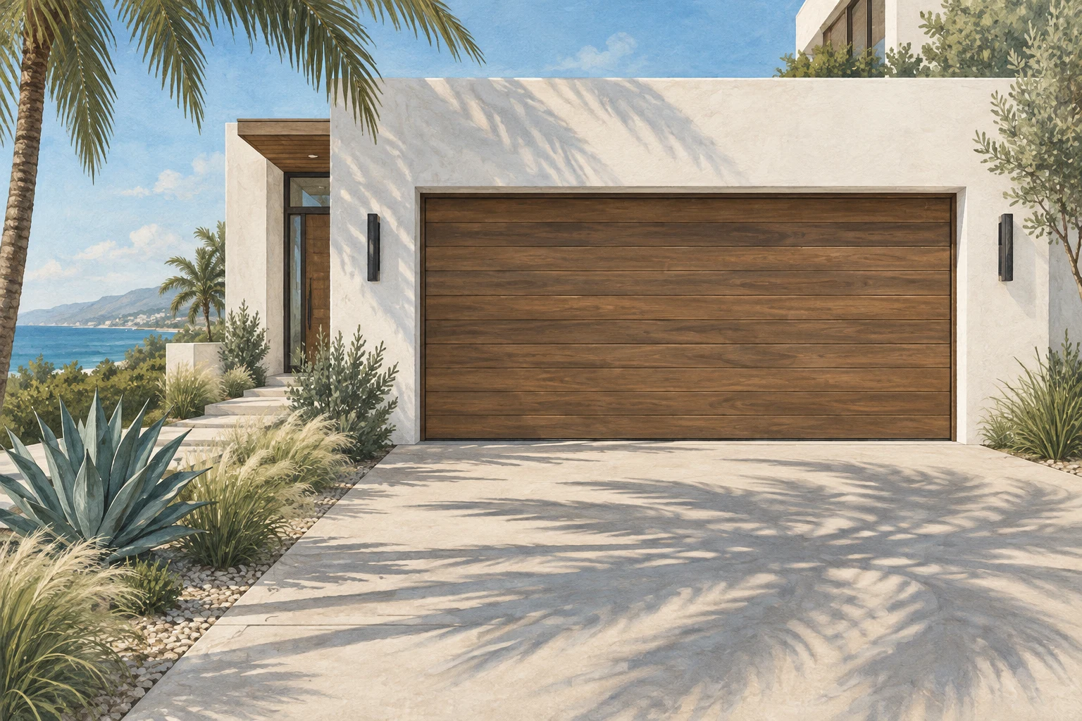 Coastal home with a timber garage door — architectural illustration