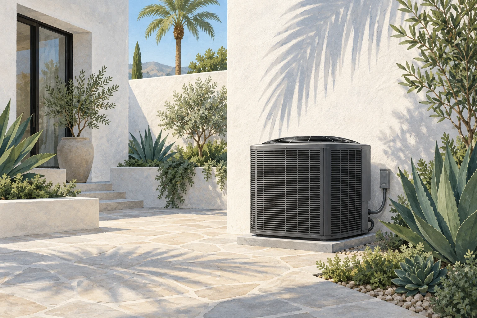 A quiet courtyard and cooling unit — home-comfort illustration