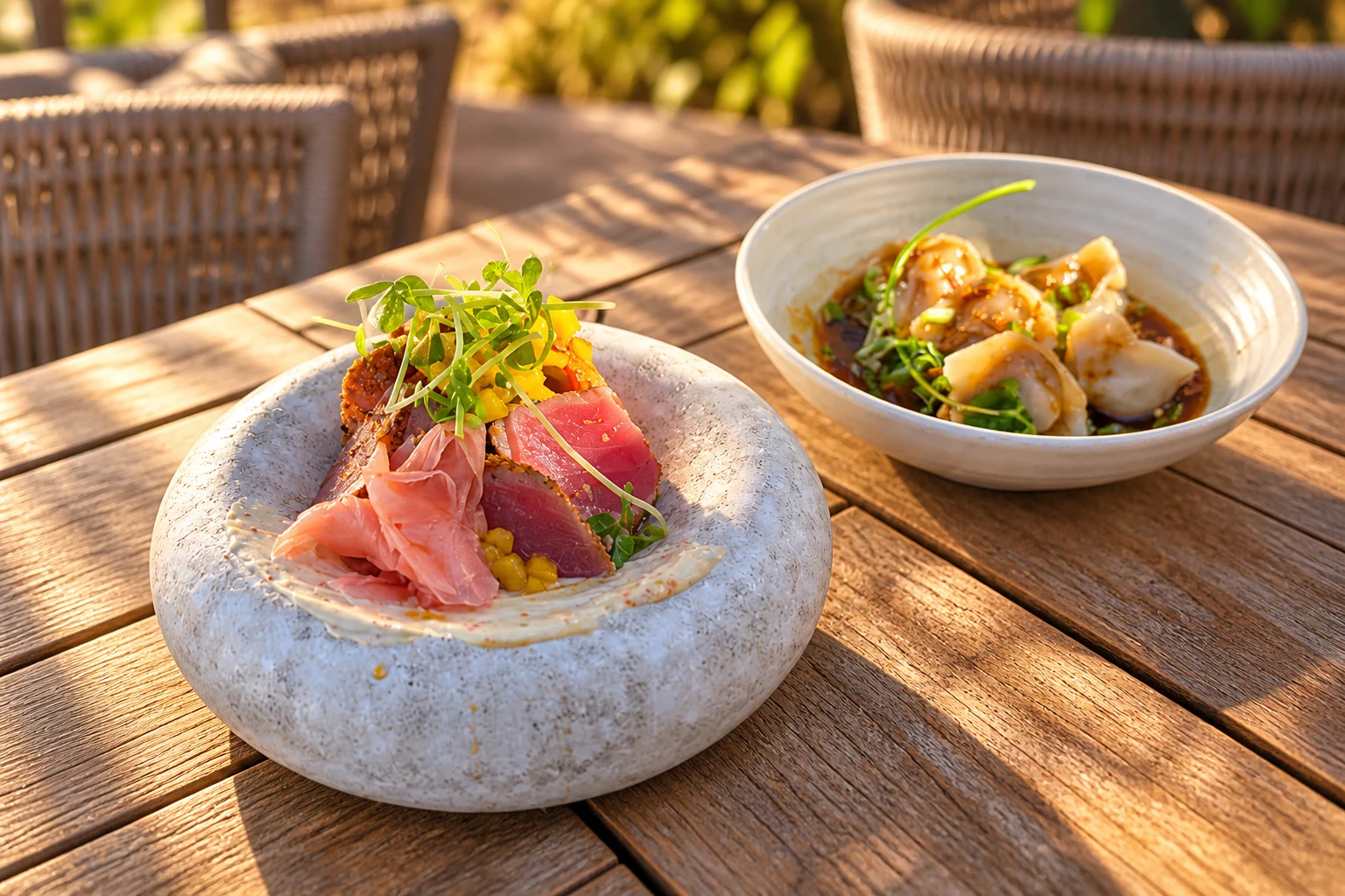 Tuna on a sunlit table — editorial artwork